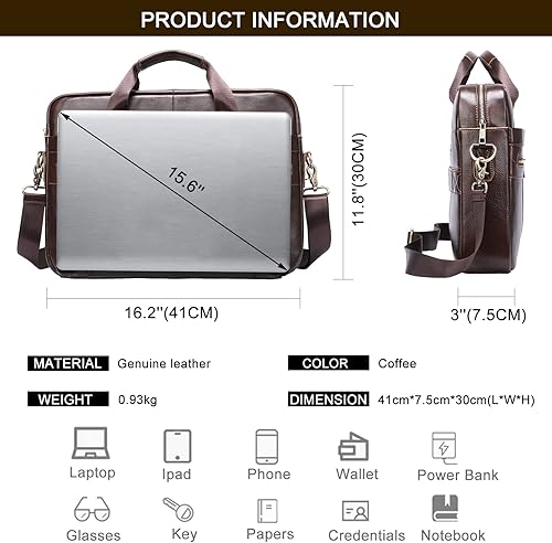 Miniatura 4 de REALON Maletín de cuero genuino para hombres, bolsa de hombro para computadora portátil con correa, bolso de trabajo de viaje de negocios de 15.6