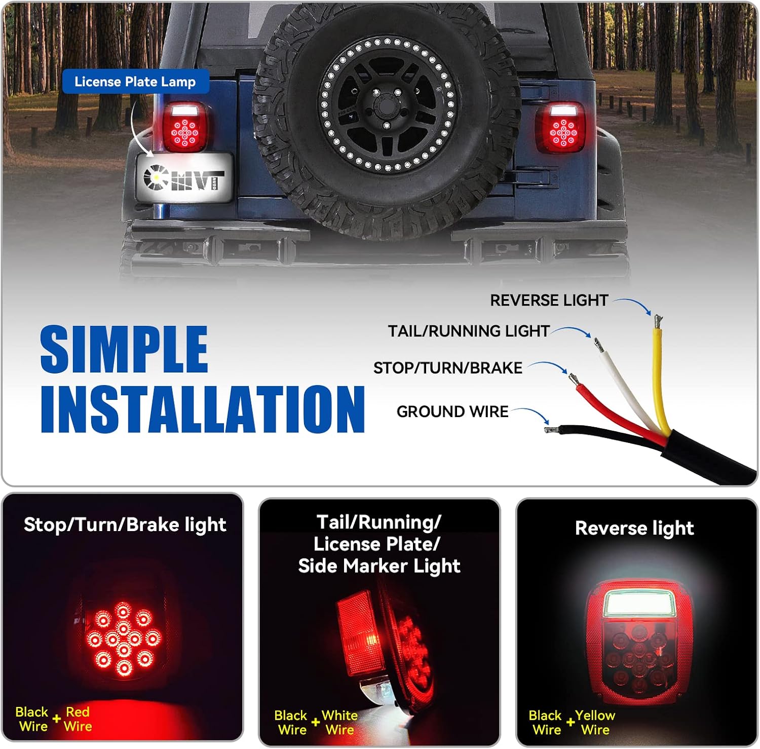 LED Replacement Tail Lights Taillights for 1979-2006 Jeep Wrangler TJ YJ CJ-5 CJ-7, Red Lens BAR Square Brake Stop Turn Signal Reverse License Plate lamp w/Side Marker Light Assembly, 2PCS
