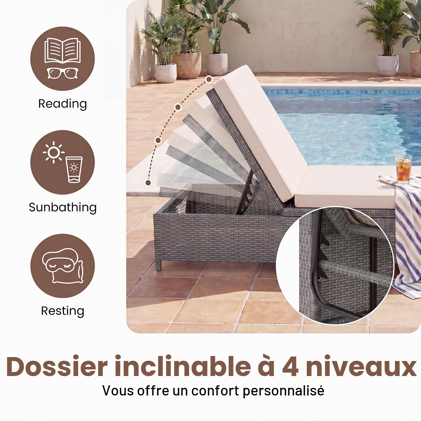 LIFEZEAL Salon de Jardin Extérieur avec Tabouret & Coussin pour 2 Personnes, Dossier Inclinable 4 Positions, Bain de Soleil Rotin PE, Table Appoint, 2 Oreillers, Charge 360 kg (Beige, Style 2)