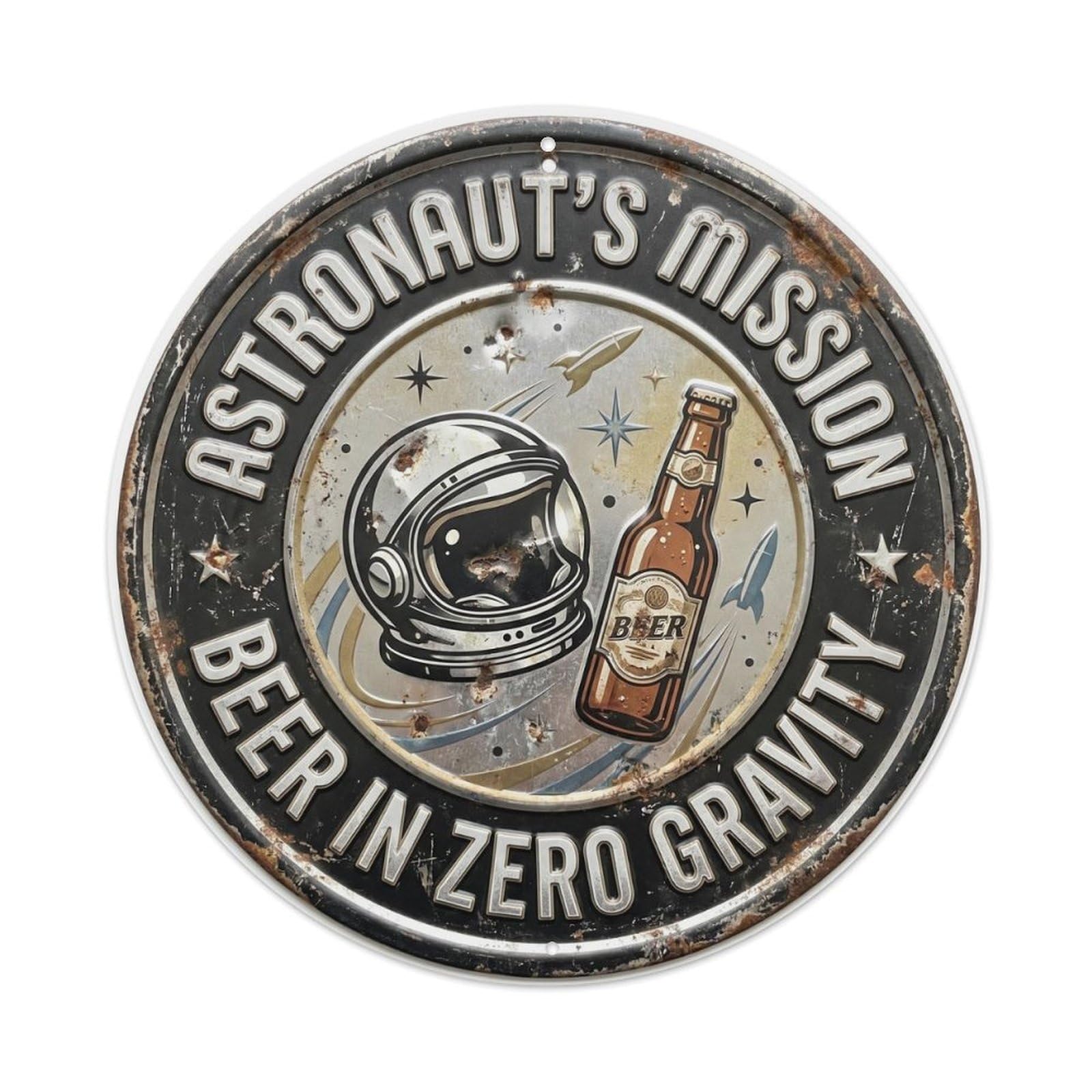 Astronaut Space Garage Beer Metal Tin Sign Plaque Wall Decor for Cafe, Club Bar, Office, Home Garden Round Metal Poster 8x8Inch