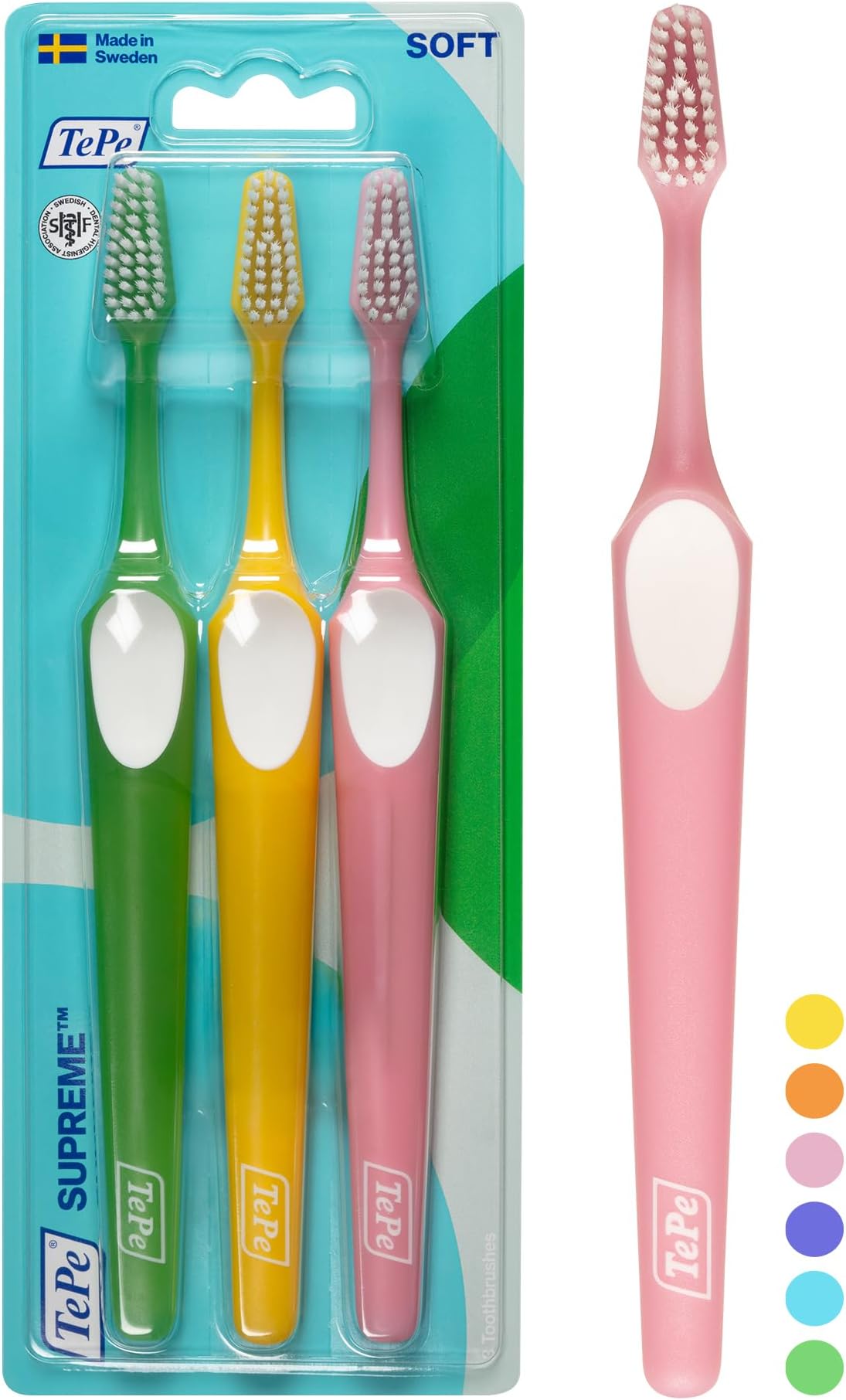 TePe Supreme Toothbrush, Soft, Assorted Colours, 3pcs