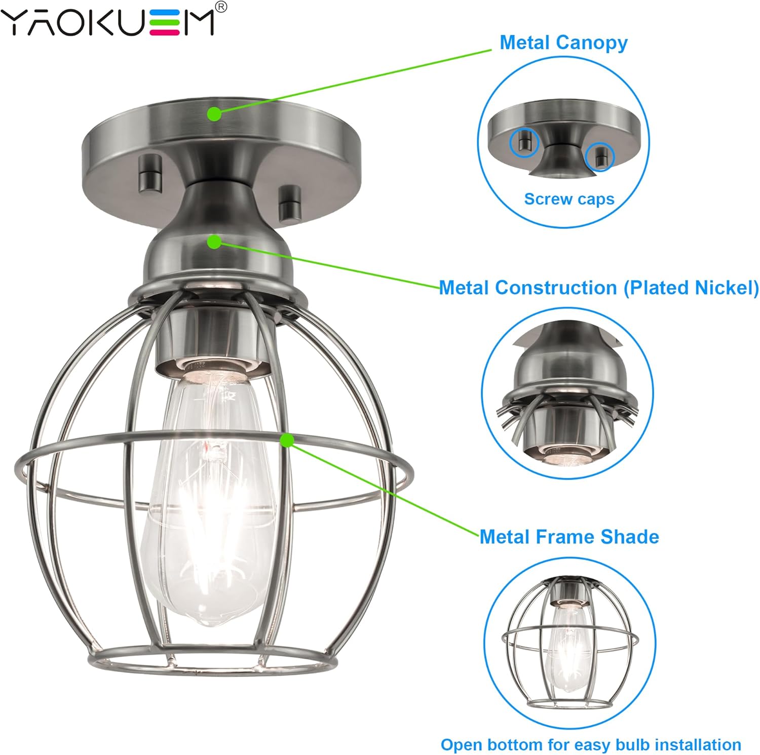 Semi Flush Mount Ceiling Light Fixture, E26 Medium Base, Metal Housing, Bulbs NOT Included, Nickel, 2-Pack