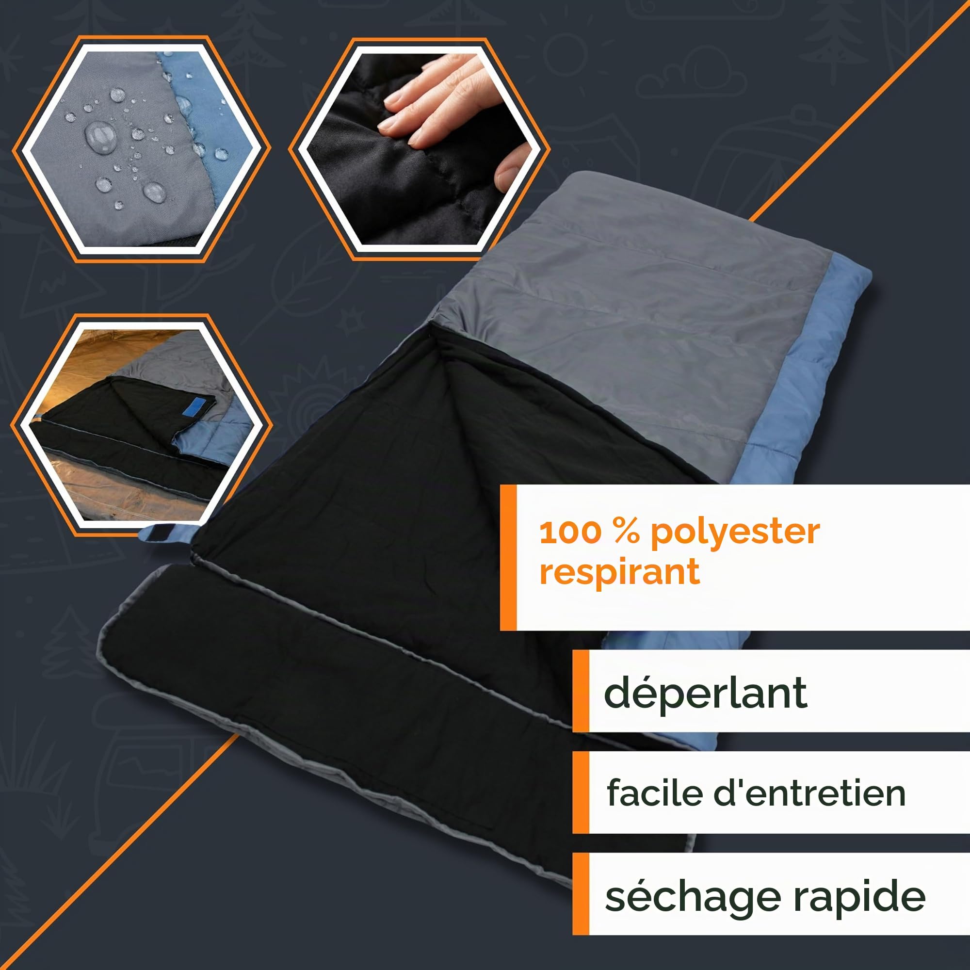 your GEAR XXL Sac de Couchage Sumatra -7°C Sac de Couchage rectangulaire 230x100 cm Doublure en Coton Bleu Gris Partie Amovible pour la tête