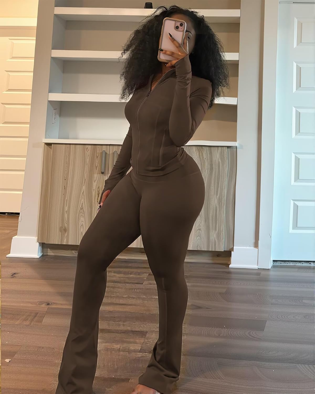 Adogirl Two Piece Sets for Women Tracksuit Long Sleeve Zipper Crop Jacket Flare Pants Workout Set With Pocket Sweatsuits Brown S - Image 4