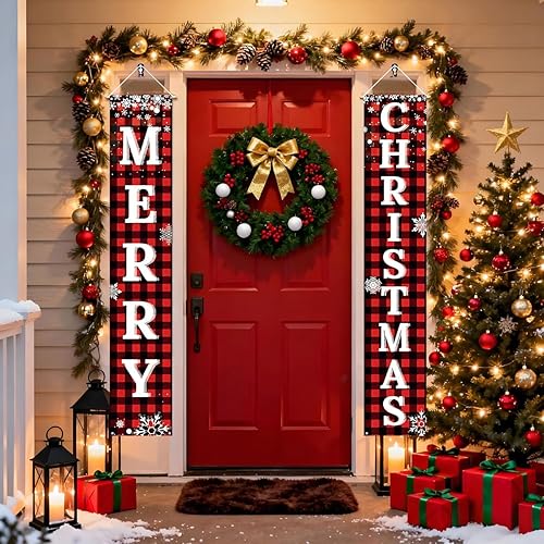 Miniatura 3 de Pancartas de puerta de Navidad con texto en inglés "Merry Christmas", para porche, decoración de puerta de Navidad para pared, puerta delantera,