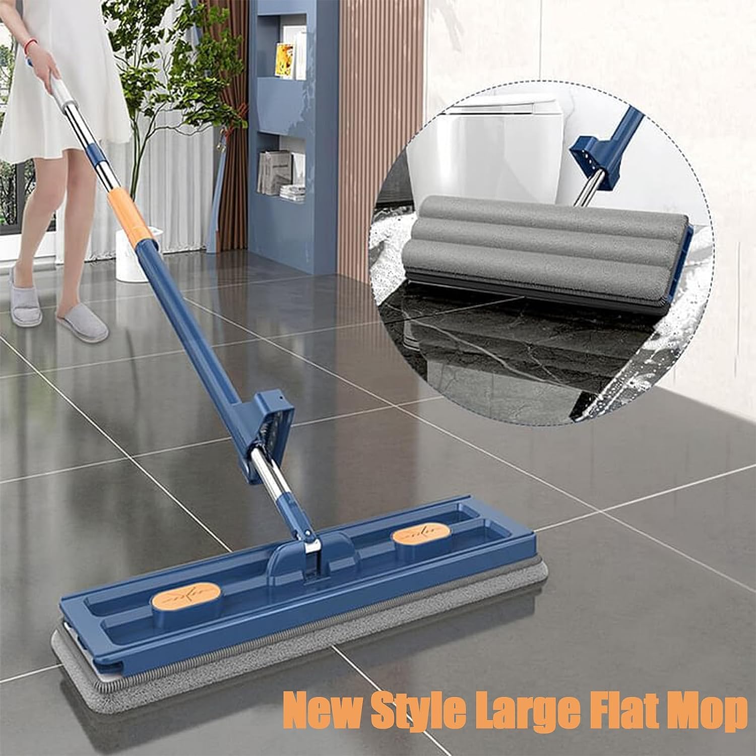 Mopa plana grande, fregona de microfibra con 6 almohadillas de fregona, para uso húmedo y seco, fregona de limpieza ajustable giratoria de 360 grados, mango largo con almohadillas de microfibra