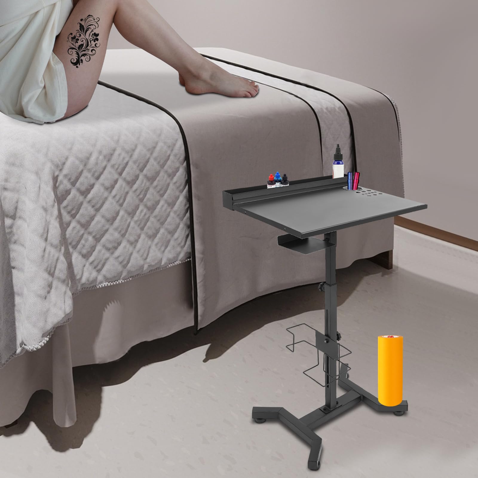Plateau de tatouage réglable avec rangement multifonction, table de salon, station de travail antidérapante pour tatouage et spa