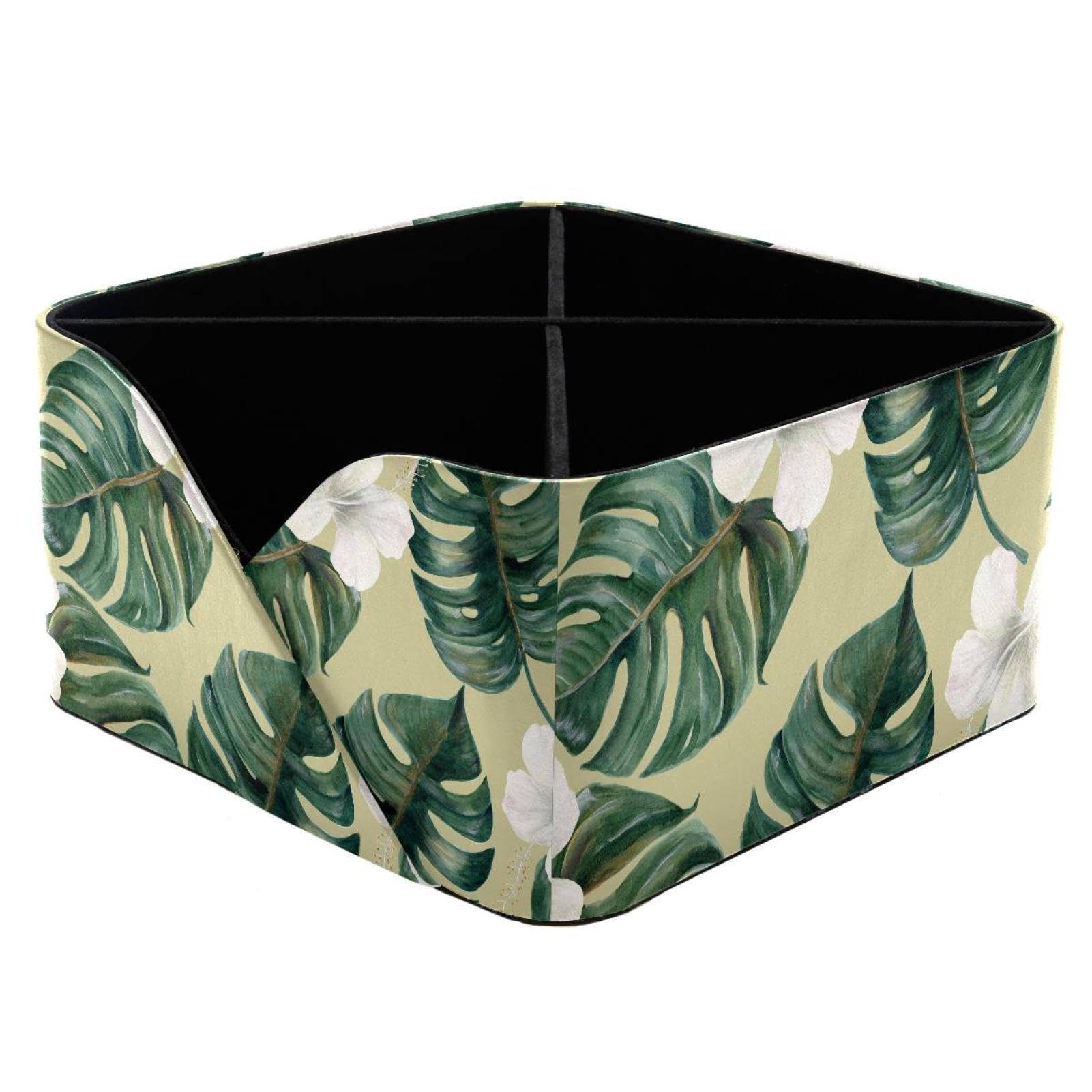 KengjuTesu Tropical Exotic Plants Palm Leaves Hibiscus Watercolor Pattern Desktop Organizer Pen Holder, Rectangular Pencil Cup for Office, Study and Makeup Stations