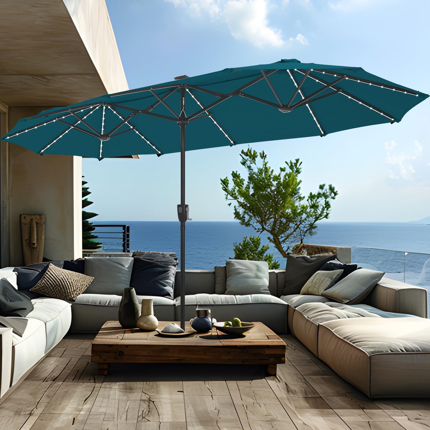 PHI VILLA 13ft Patio Umbrella with Solar-Powered 120 PCS LED Color-Changing Lights, Triple-Head Large Rectangle Umbrella Outdoor Patio for Table with Crank Lift,Beige(No Base)