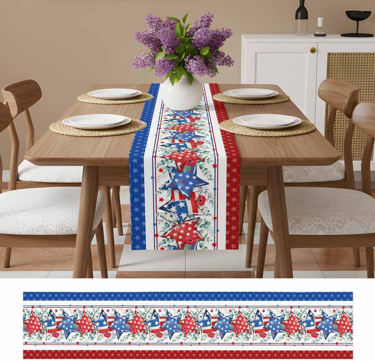 4th of July Table Runner 13x120 Inches Long Patriotic Stars Runner for Table Poppy Independence Day Table Runners Washable Dresser Scarf for Kitchen Coffee Dining Memorial Day Holiday Party Decor
