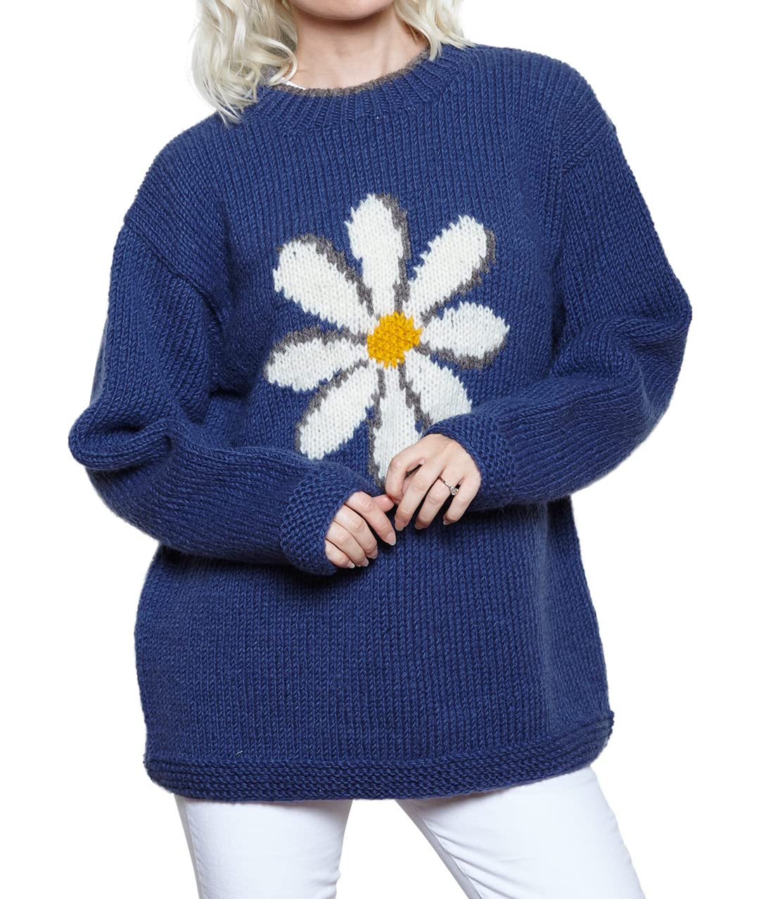Pachamama Women Wool Jumper Handknitted Daisy Pattern Multicoloured Handmade Extra Warm Sweater Fair Trade