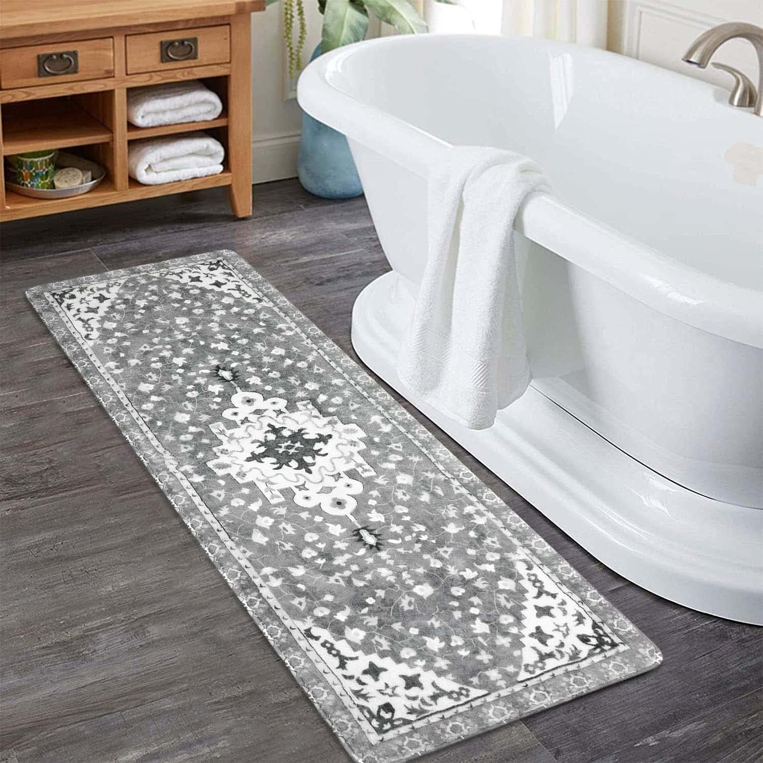 Uphome Boho Vintage Bathroom Rug Runner Gray Non-Slip Soft Long Bath Mat Machine Washable Oriental Bathroom Mats Traditional Tribal Floral Bath Rugs for Sink Shower Tub, 20x59 inch - Image 7