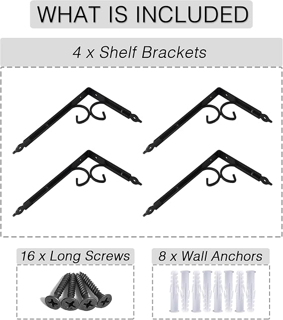 OVOV Shelf Brackets 4 Pcs Heavy Duty Decorative 12 Inch Black Right Angle Shelving Brackets Wall Mounted Shelf Supports for DIY Home Kitchen Living Room