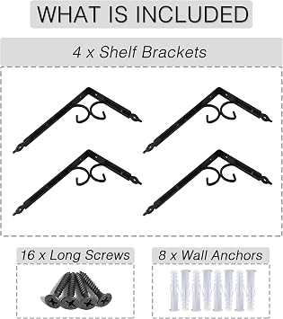 OVOV Shelf Brackets 4 Pcs Heavy Duty Decorative 12 Inch Black Right Angle Shelving Brackets Wall Mounted Shelf Supports for DIY Home Kitchen Living Room