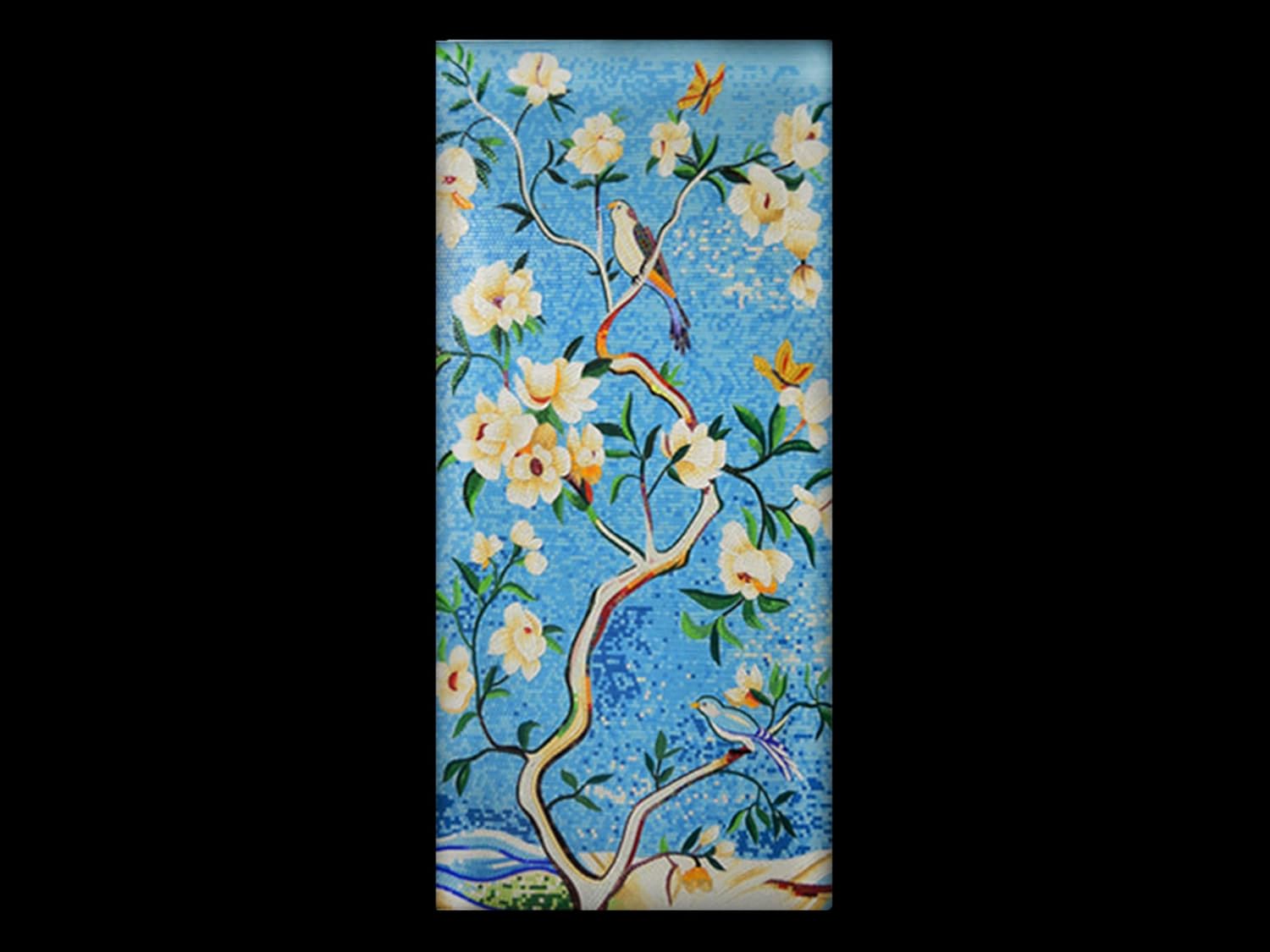 Handmade Verdigris Spring Glass Mosaic Wall Art, Floral Tile Mosaic Mural, Hand-Cut Natural Tile Botanical Wall Décor