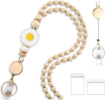 Cute Teacher Lanyard for Women with Retractable ID Badge Reel and Keychain Wooden Beaded Lanyards for Keys Charm