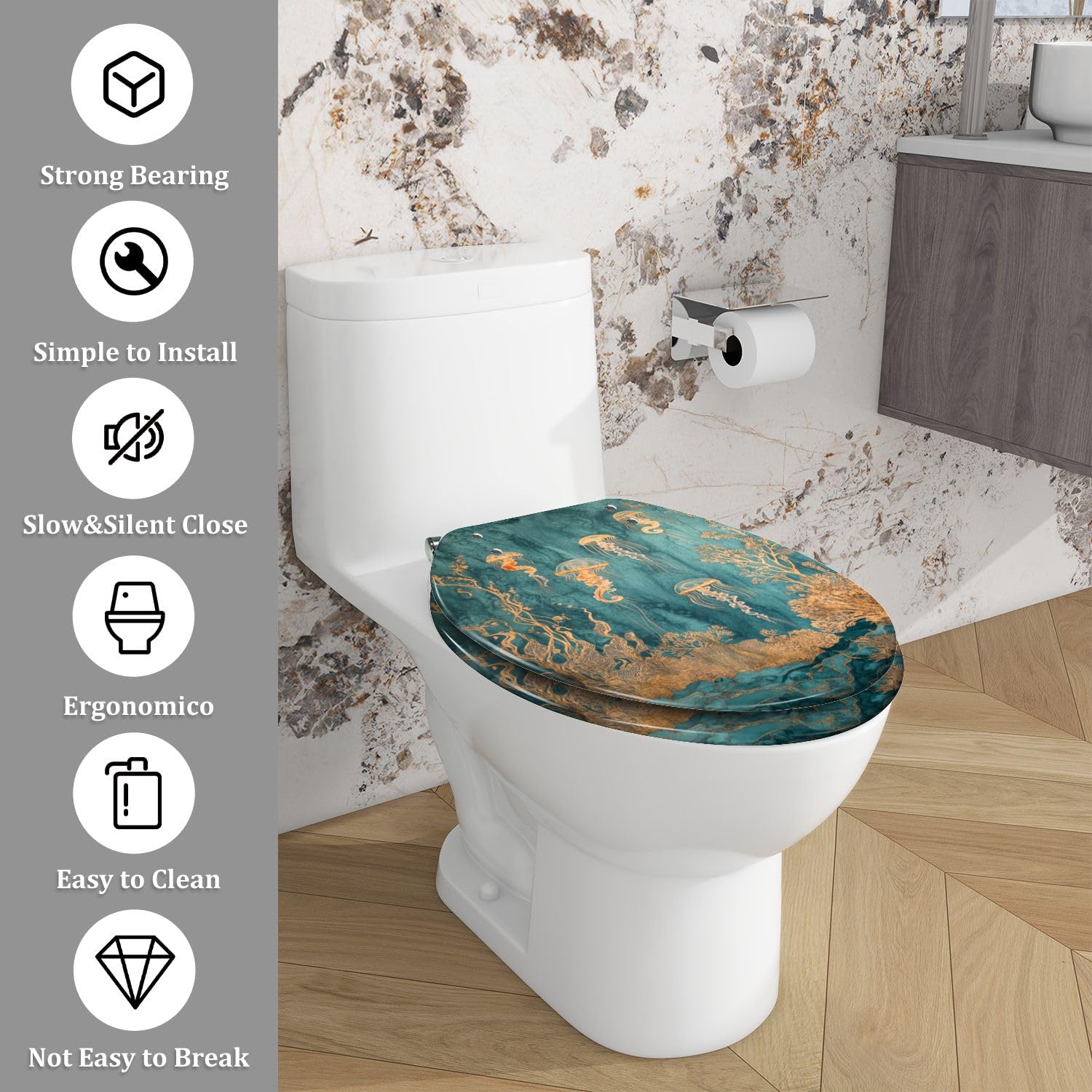 Asiento de inodoro alargado de resina para baño