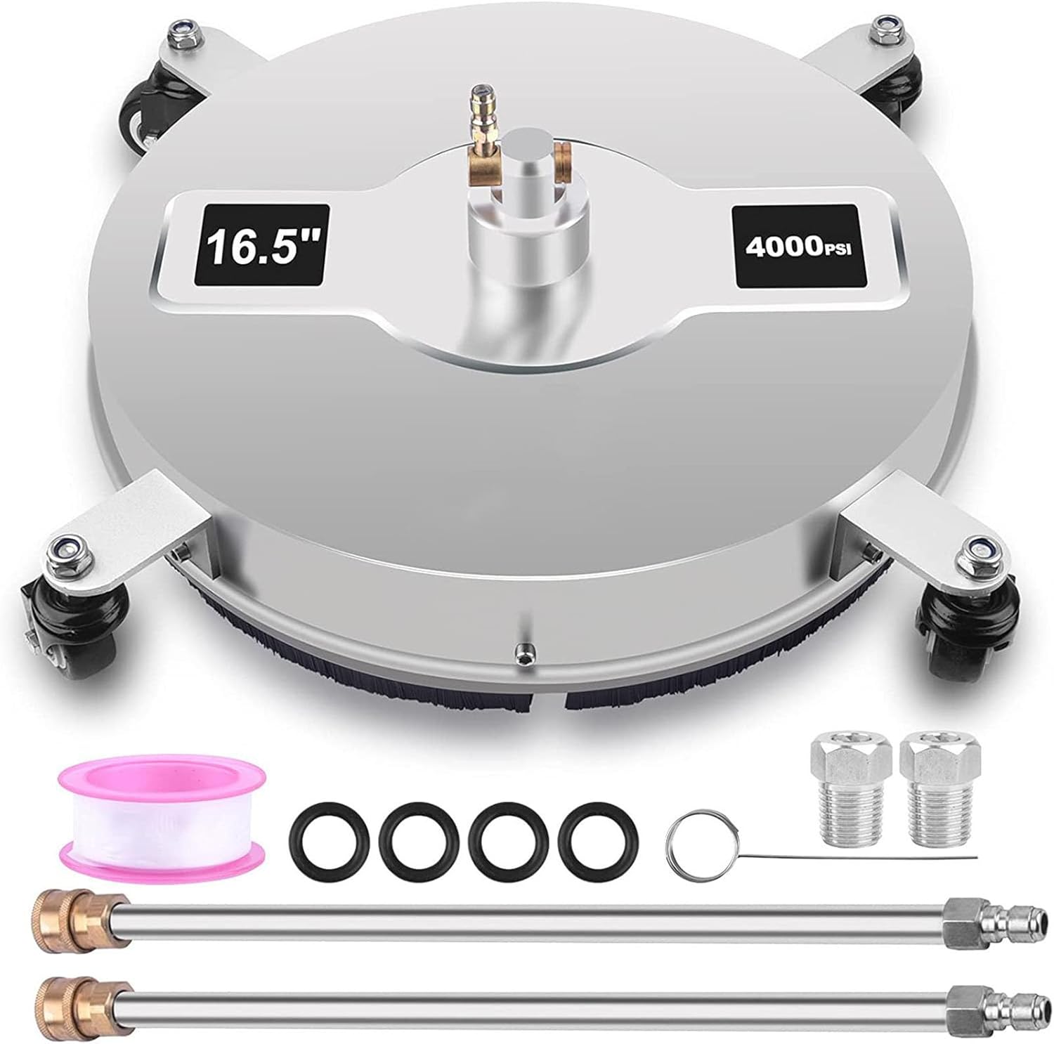 16.5''Pressure Washer Surface Cleaner, 4000 PSI Power Washer Surface Cleaner with 4 Wheels, Stainless Steel Housing Power Washer Accessories with 2 Replacement Nozzles for Concrete Driveway Cleaner