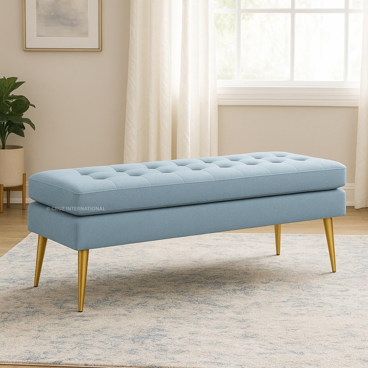 CRUZ INTERNATIONAL - online shopping-be ready ! Rectangular 2-Seater Upholstered Ottoman Settee Couch Bench Pouffe Footstool - Teal Sofa for Living Room, Bedroom, or Office (Sky Blue)-image-25