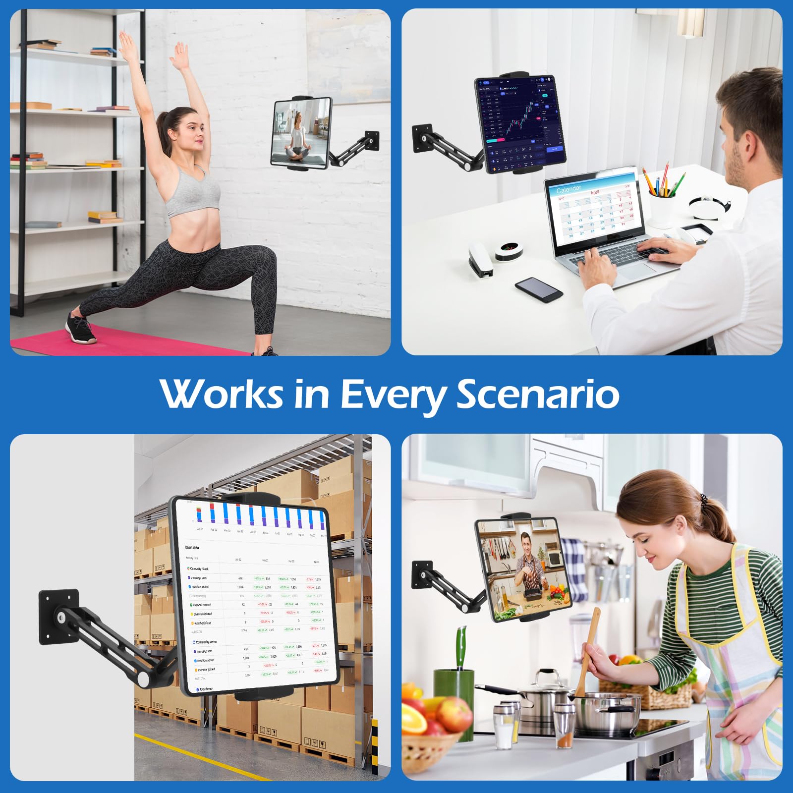 VINATO Support Mural Tablette Rotatif à 360°, Extensible Pliable Support Mural pour iPad Téléphones Tablettes de 4,7 à 13 Pouces, pour Cuisine, la Salle de Sport, Le Bureau, Noir
