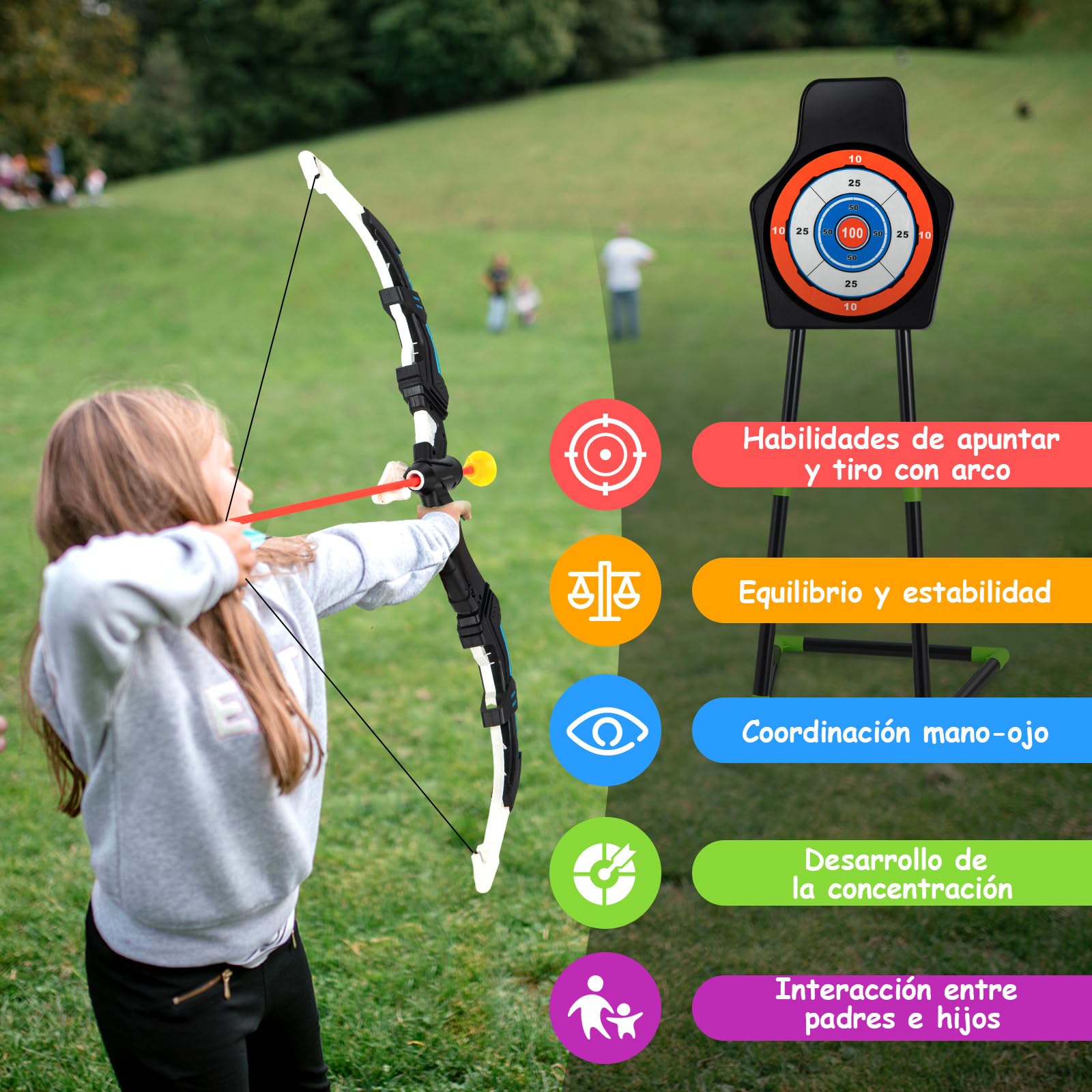 COSTWAY Juego de 2 Arcos y Flechas de Juguetes para Niños, Set de Juguetes de Tiro con Arco con 20 Flechas de Ventosa, Objetivo de Pie o Colgante, Portaflechas para Juegos para Niños de 3+ Años