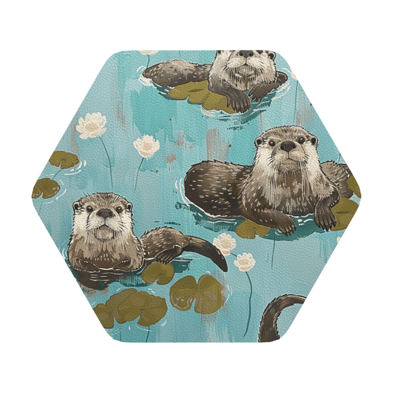 Otters Print Leather Coaster Set of 6, Hexagon Coasters Table Decorative Coffee Cup Beverage Coasters Wine Beer Bar Coasters for Hot Drinks Table Protection