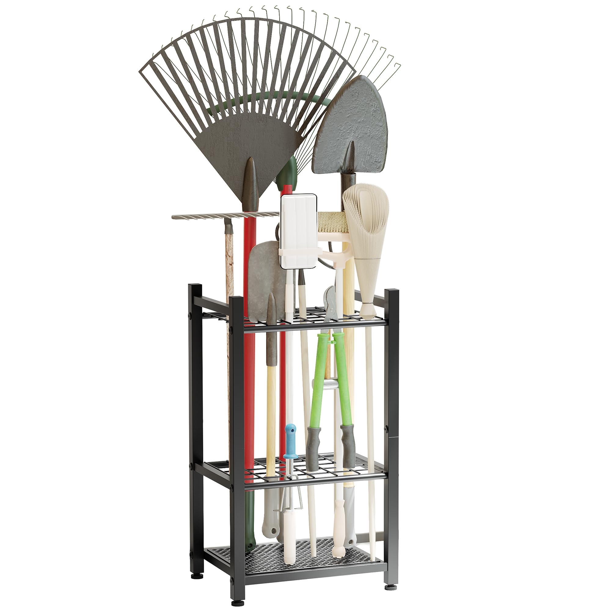 MUZERUL Metal Garden Tool Rack, 30 Long-Handle Tool Slots Heavy Duty Metal Garage Organizer for Long Handled Tools, Shed Storage Shelf with Adjustable Feet, for Yard Workshop Garden Garage,Black