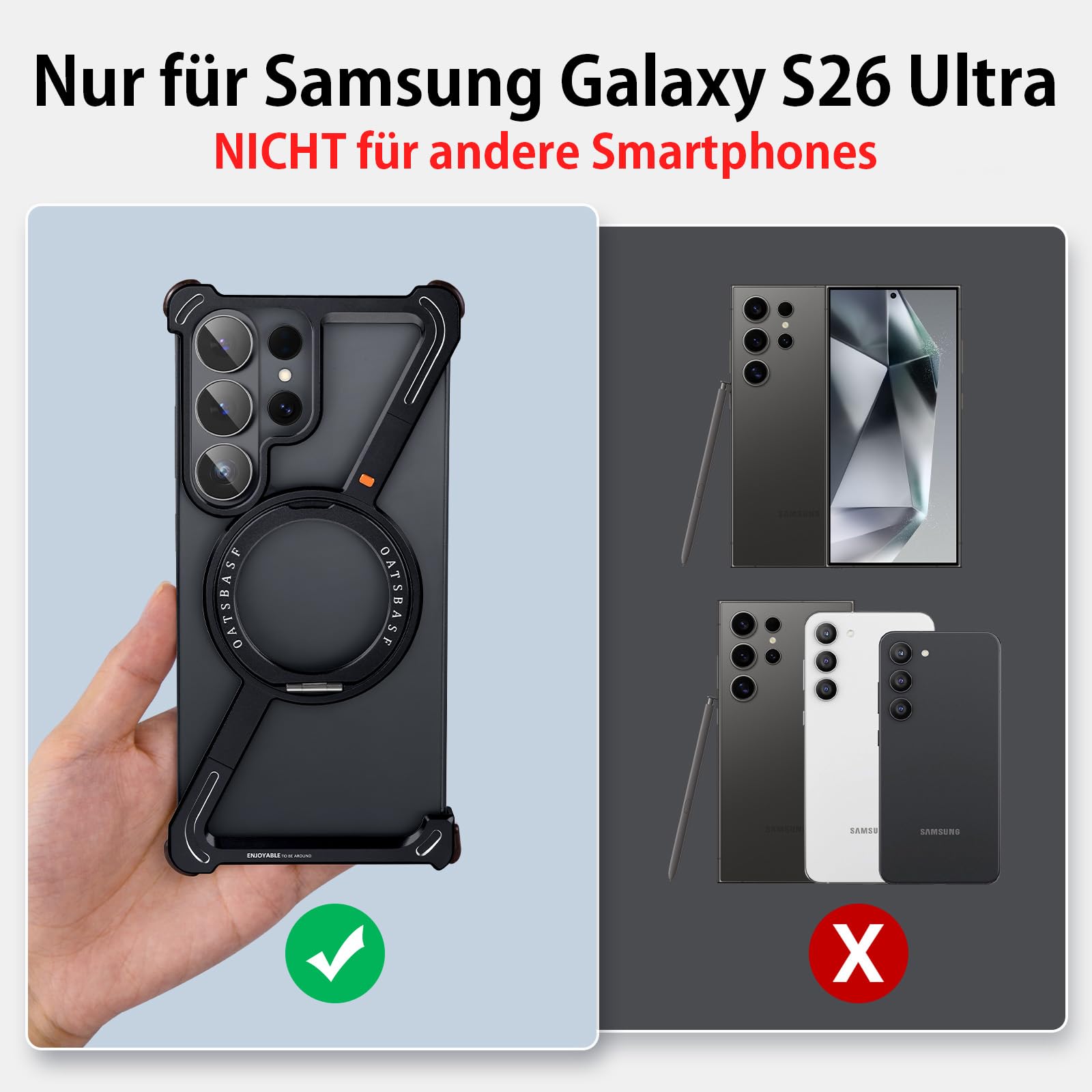 Coque de protection Z Shape pour Samsung Galaxy S26 Ultra sans cadre - Avec Magsafe - Rotation à 360° - Support magnétique - En aluminium fin - Anti-chocs - Noir