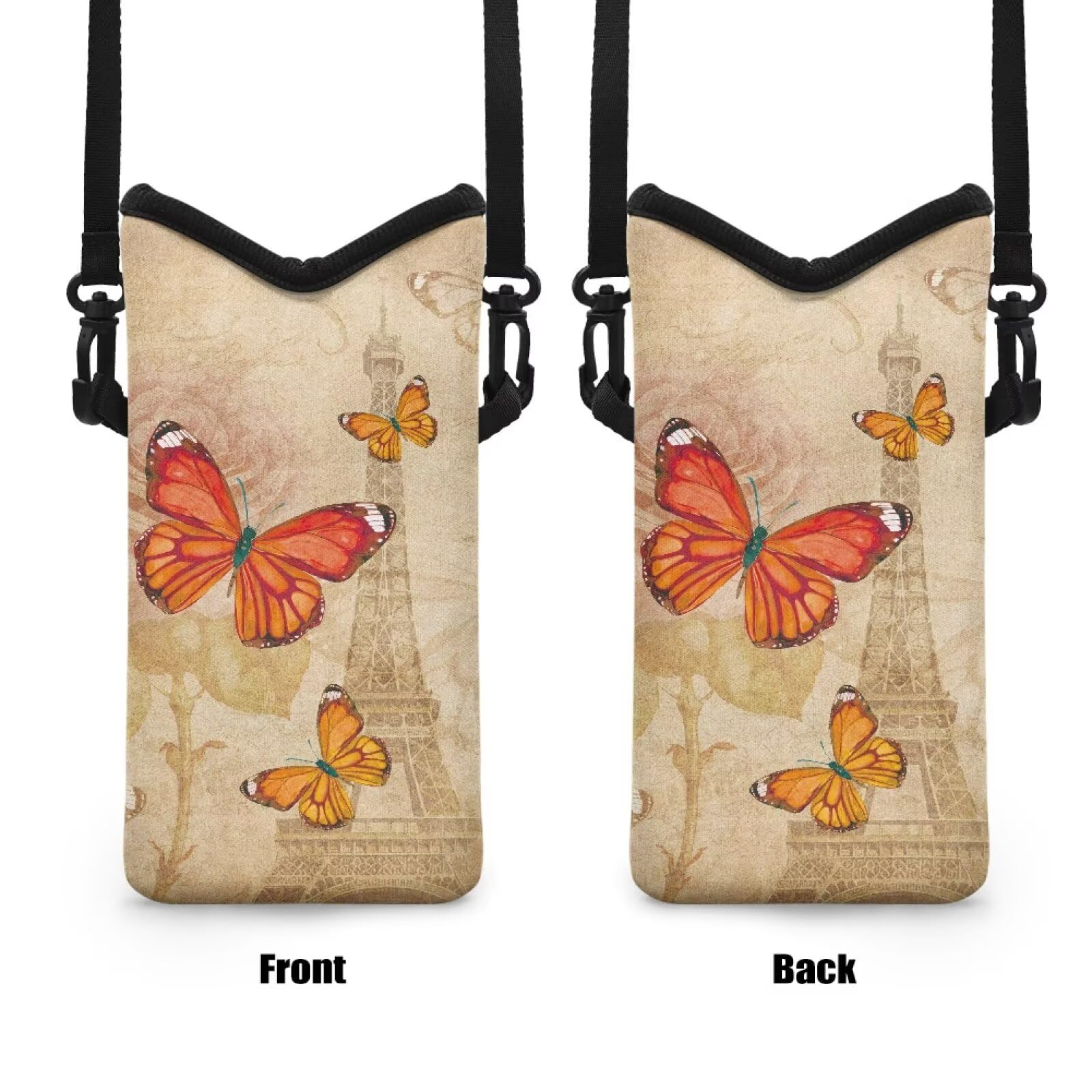 Torba na telefon crossbody wodoodporna mini torebka na telefon komórkowy z regulowanym paskiem pasuje do większości smartfonów, 20 cm x 10 cm, wieża Eiffla, motyl róża retro, jeden rozmiar