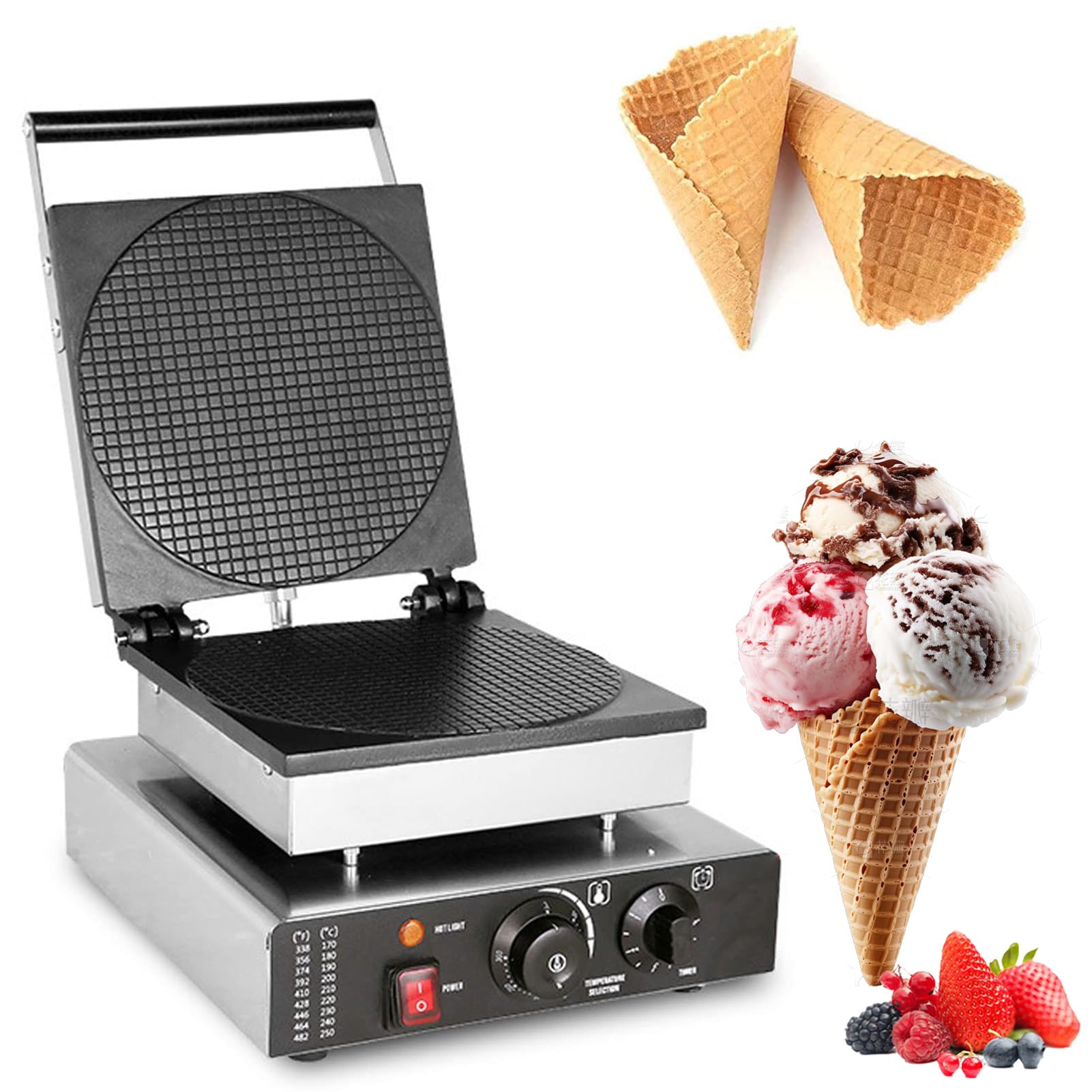 1750w Electric Waffle Cone Maker, Commercial Waffle Cone Maker Per Coni Di Gelato Fatti In Casa Fai Da Te, 50-300 ℃ Temperatura Regolabile E Temporizzazione, Egg Roll Machine Per Il Negozio Di Dolci