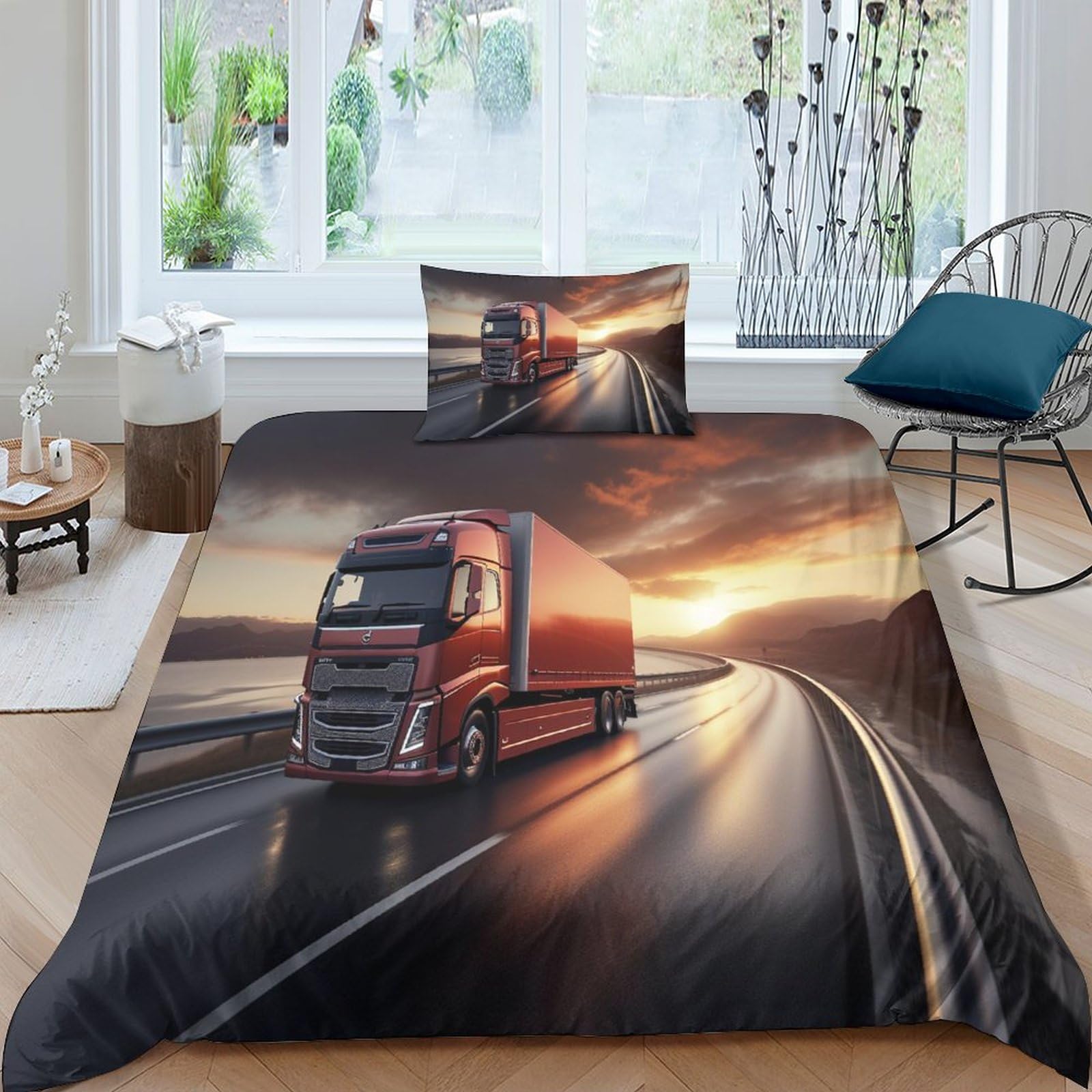 Opsrey Lorries-3 Lorries Comfortable Quilt Cover Set Hidden Zipper Trucks Duvet Cover Set With Pillowcases Comforter Cover Soft Microfiber Bedding Set Various Sizes Single（135X200cm）