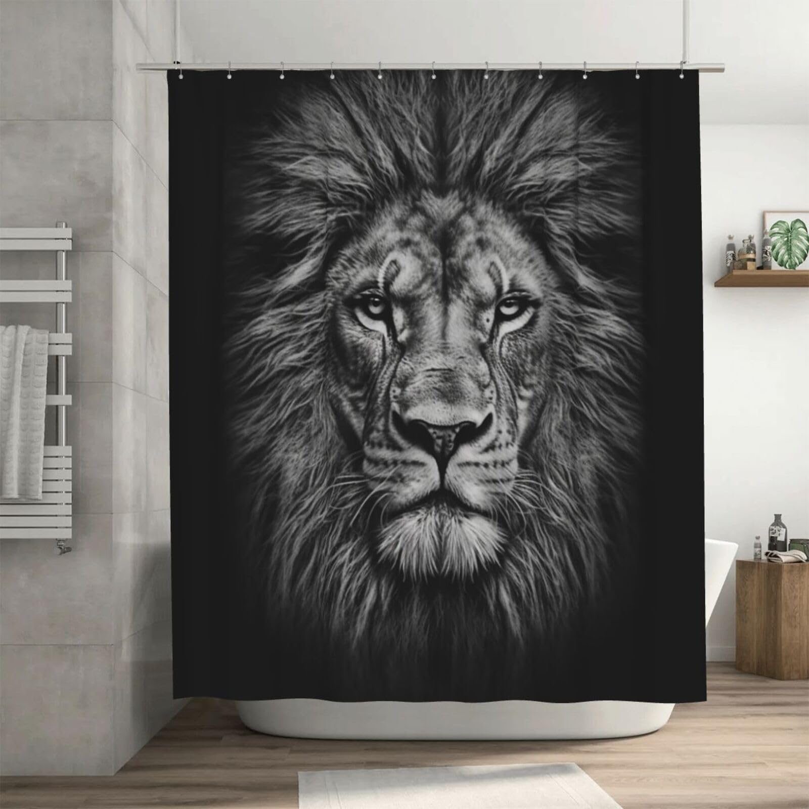 Rideau de douche grand format lion noir et blanc imperméable avec 12 anneaux