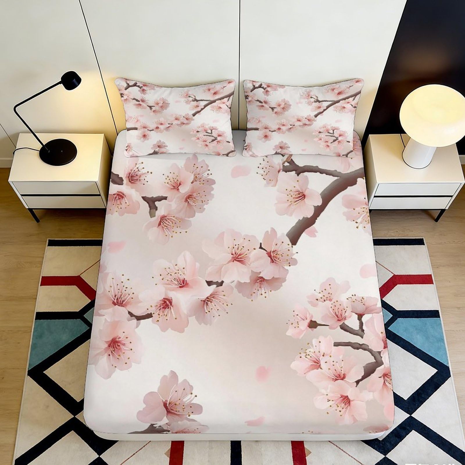 Jqzkxnhpbr Style-7 3D Printed Sakura Blossom Fitted Sheet Microfiber Soft Pink Plum Flower Bed Cover For Bedroom Guest Room Decor 90X200x25cm