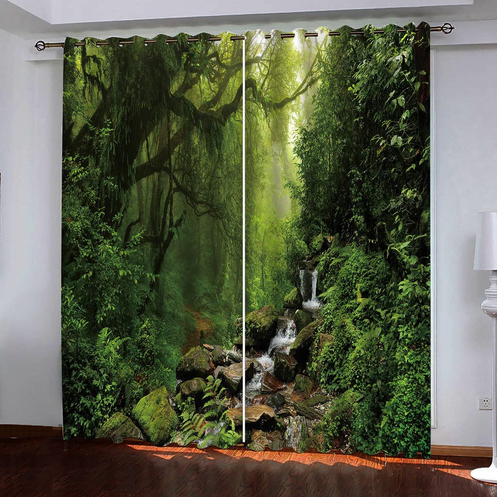Rideau occultant forêt et cascade pour créer un salon zen et une chambre lumineuse apaisée