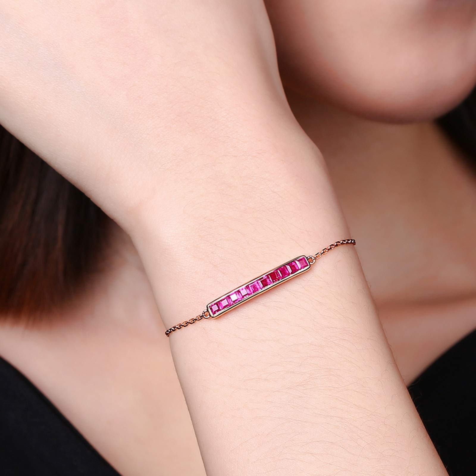 ZH1YFD Pulsera Mujer Oro Rosa 18 K, Barra con Rubí 1.46ct Pulseras Cadena Mujer 16+2CM