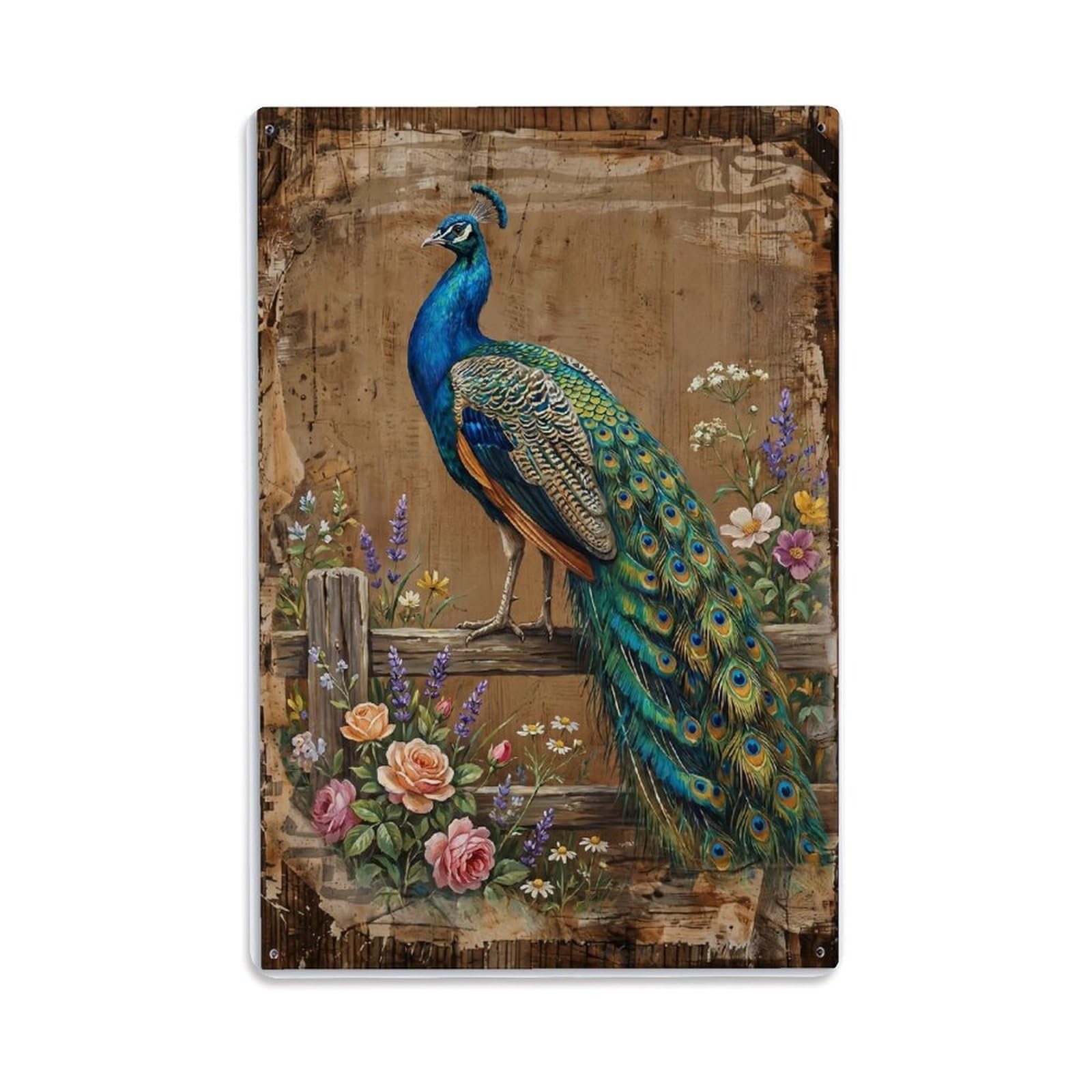 Peacock Farm Colorful Bird Feathers Metal Tin Sign Plaque Wall Decor for Cafe, Club Bar, Office, Home Garden Metal Poster 8x12Inch