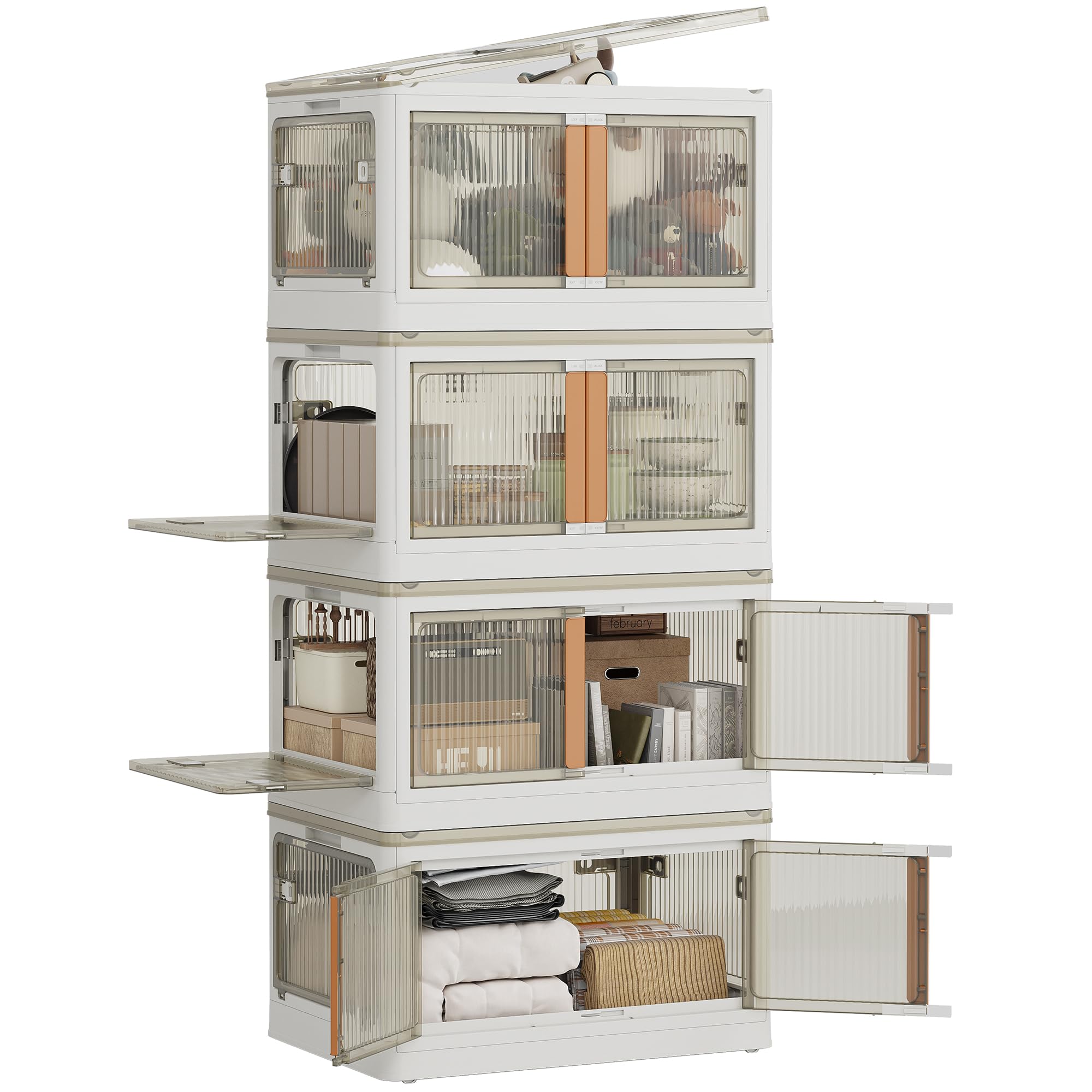 NETEL Aufbewahrungsbox mit Deckel, 83L 4 Stück Boxen Aufbewahrung, Stapelboxen, Plastikbox mit Deckel, Faltbare Aufbewahrungsboxen mit Tür und Rollen, 5 Seiten sind zu öffnen, Transparent und Stabil.