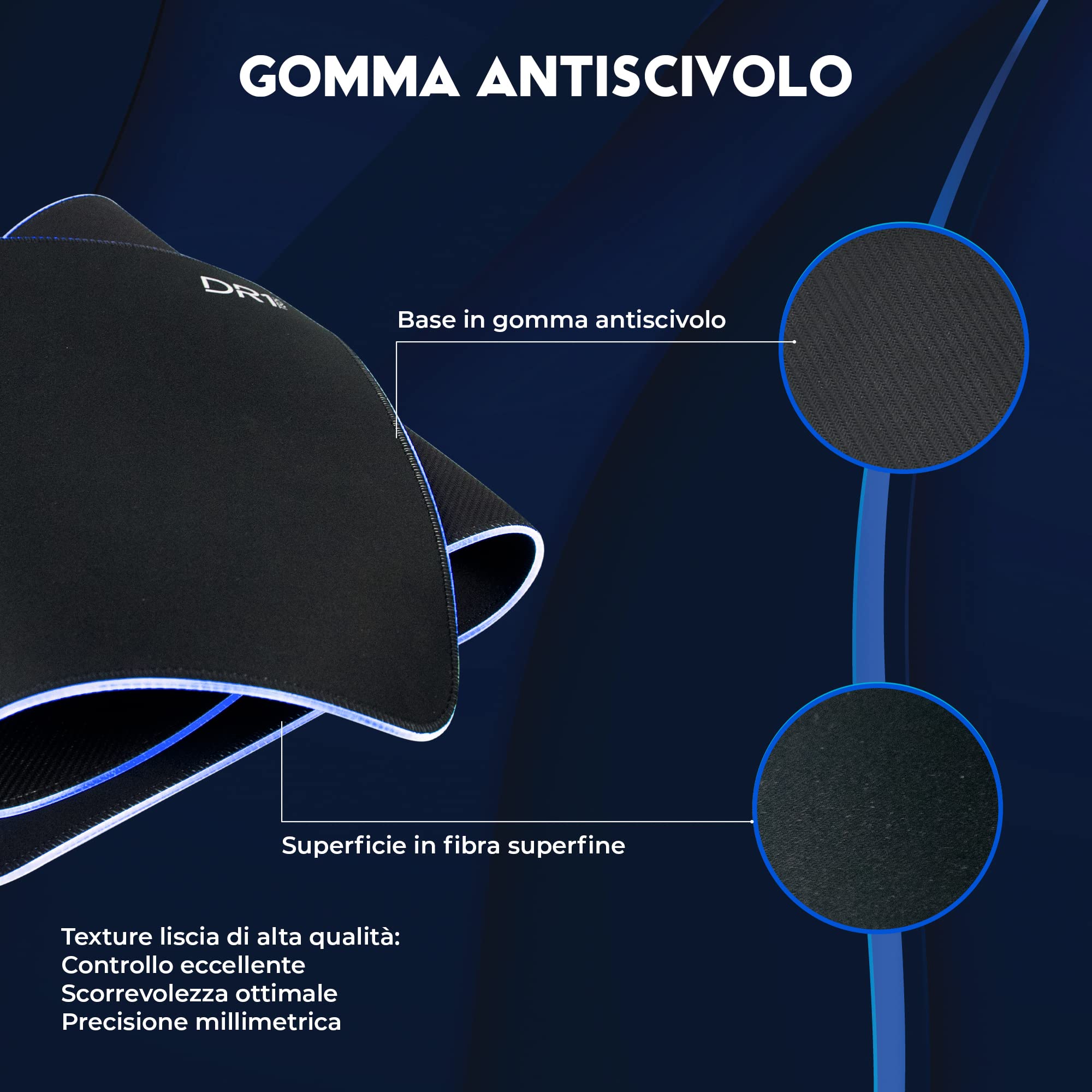 DR1TECH Anka+ Pro Tappetino Mouse XXL da Gaming con LED per Scrivania [80x30cm] - MousePad per PC Ergonomico, Waterproof e Antiscivolo - Design Unico con Massima Scorrevolezza