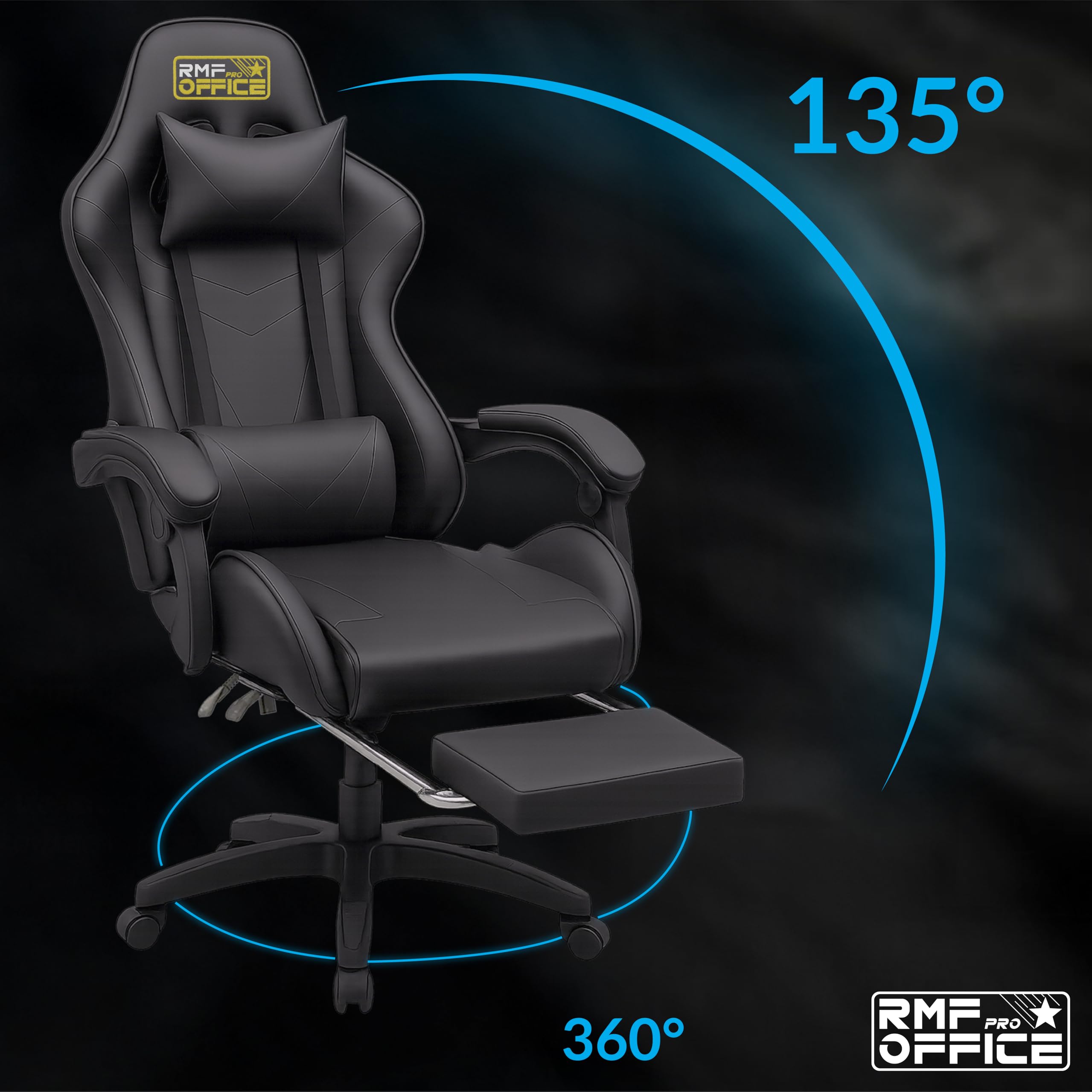 RMF Sedia Gaming Professionale Ergonomica Reclinabile, Poltrona Gaming Seduta Comoda e Rilassante con Poggiapiedi - Sedia per Gamer con Ruote Girevoli, Altezza Regolabile Nero