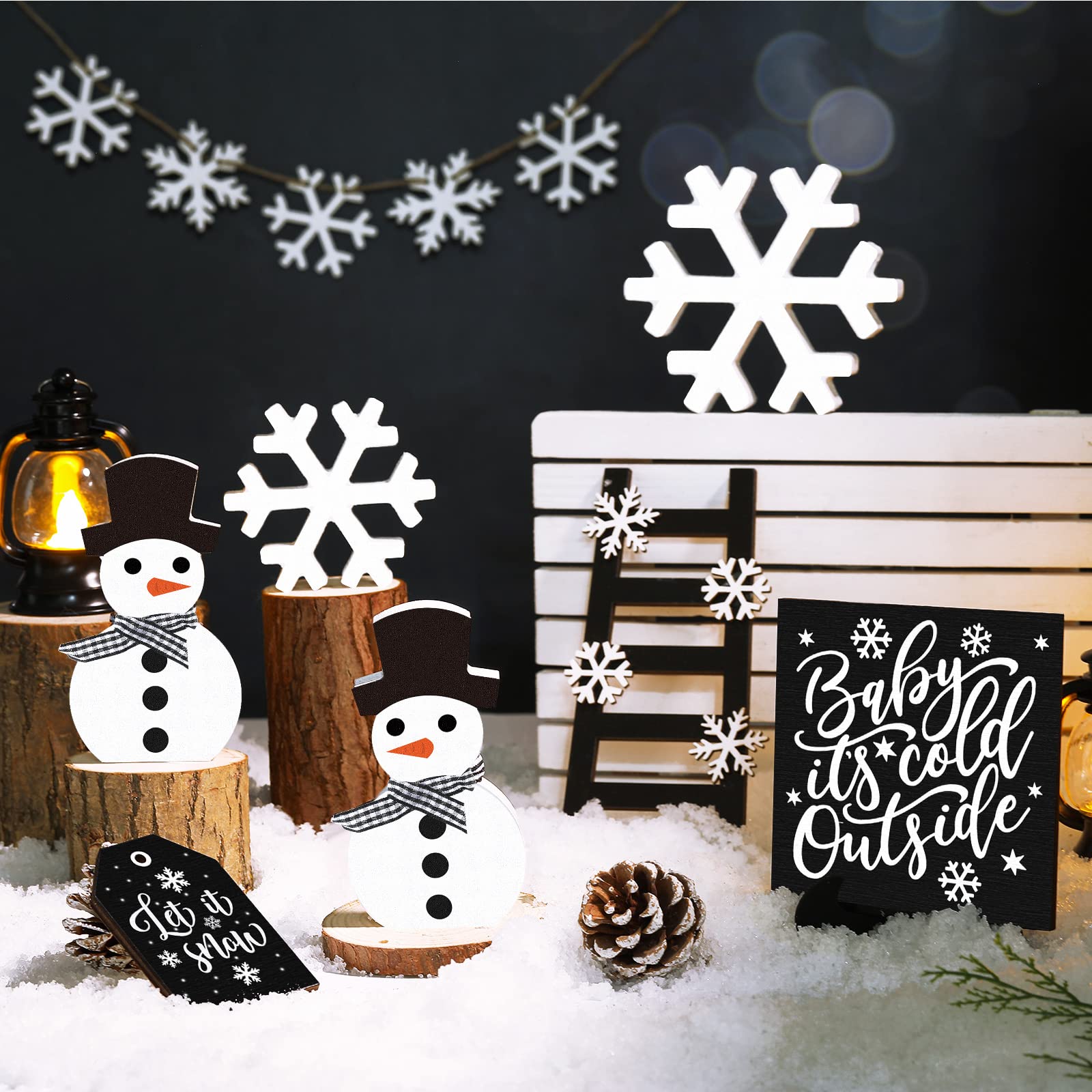 12 Pieces Christmas Winter Tiered Tray Decor Set Snowman Snowflake Table Wood Sign Farmhouse Tabletop Signs for Xmas Winter Home Table Holiday