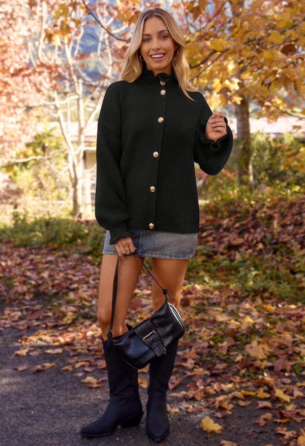 MEROKEETY Women's Fall 2026 Chunky Cardigan Sweaters Trendy Ruffle Button Down Long Sleeve Casual Knit Coat Winter Clothes - Image 3