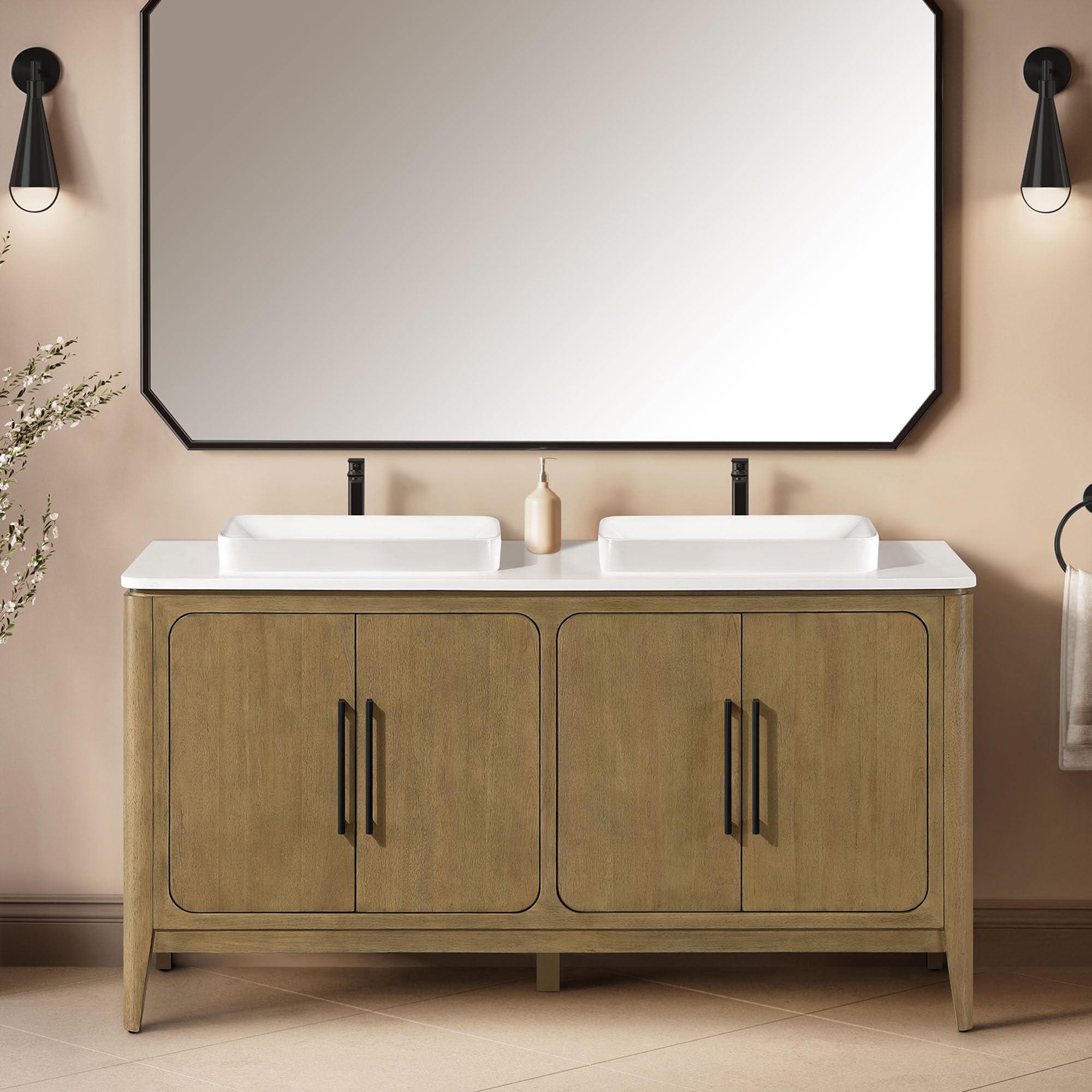 OVE Decors Heidi 60 in. Double Sink Freestanding Light Brown Oak Bathroom Vanity with White Quartz Top and Matte Black Hardware