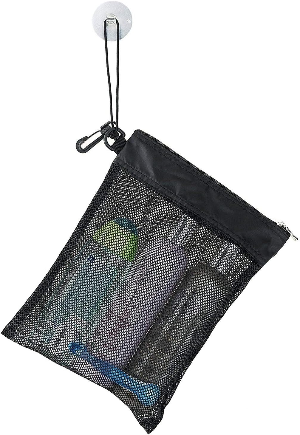 Shower Bag Tote, Mesh Caddy Toiletry Organizer 12”L x 9”W, Compact and Lightweight With Suction Cup, Cord for Hanging, Zipper and Drawstring Pouch 14”L x 10”W, Black