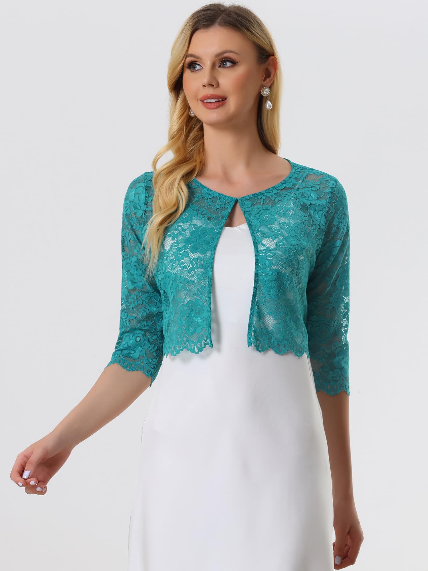 Allegra K Cardigan en dentelle ouvert sur le devant pour femme - Élégant - Motif floral - Boléro court en dentelle, vert malachite, Taille M
