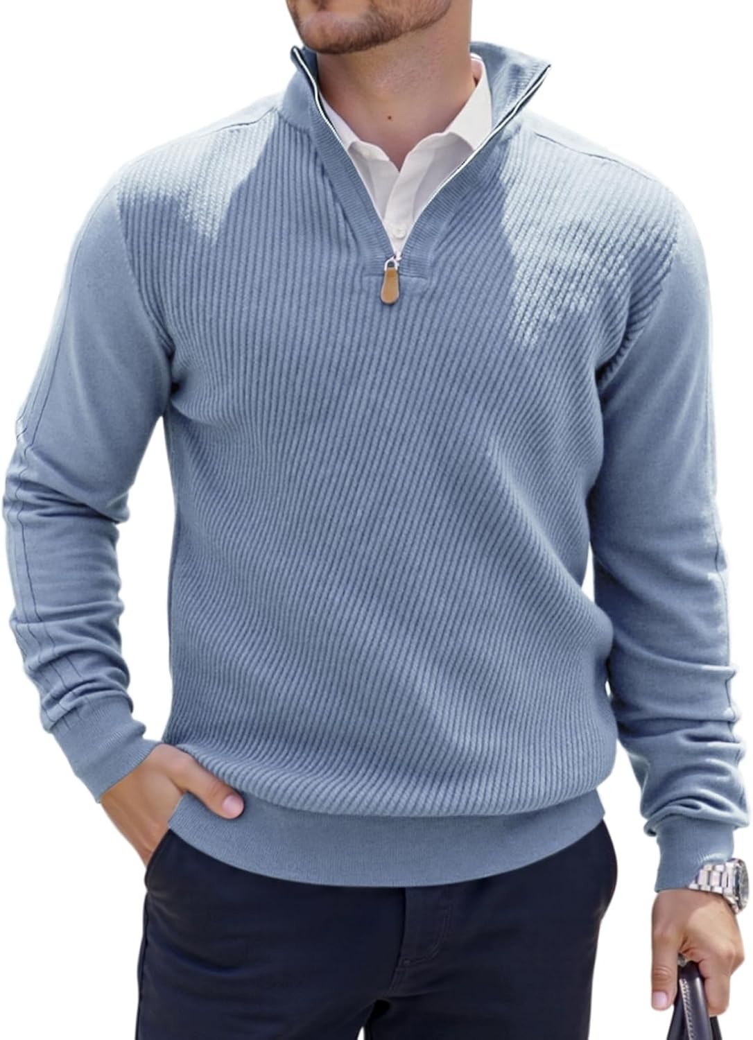 Mens Quarter Zip Pullover Sweater Slim Fit Long Sleeve Knit Lightweight Mock Neck Casual Polo Sweater