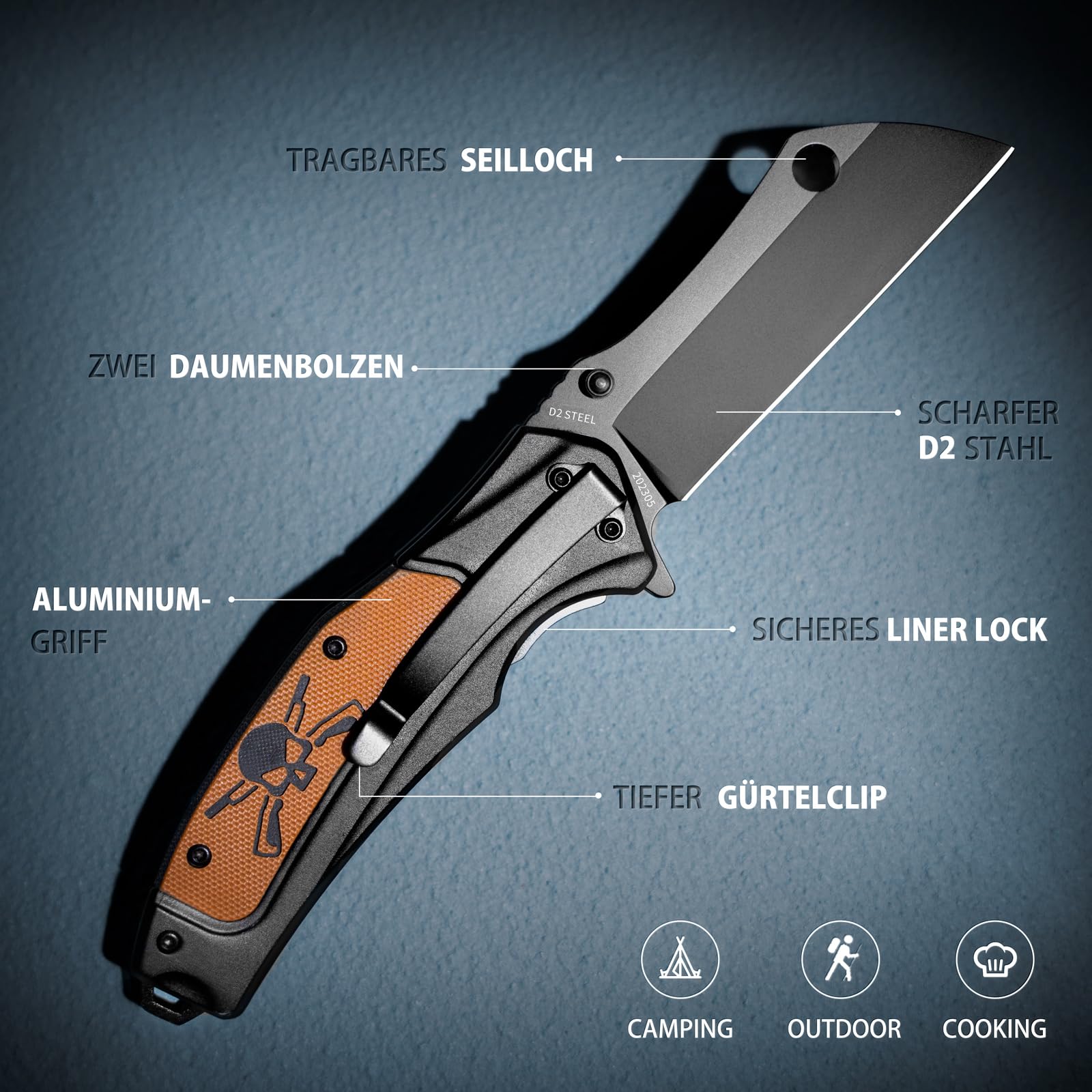 NedFoss MIEBA Klappmesser Outdoor, 8.5CM D2 Stahl Taschenmesser mit Cleaver-Klinge, Einhandmesser mit Scheide & totenkopf motiv, Outdoor Messer mit Clip, Survival Jagdmesser für Sammlung & Geschenke