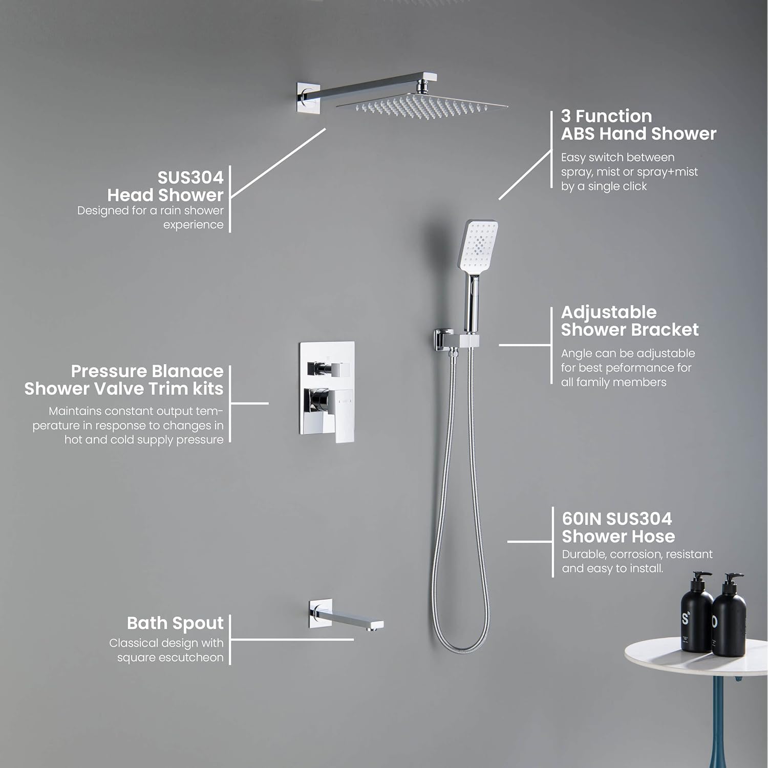 KIBI Cube Bathroom Shower System | 3-Function Wall Mounted Shower Faucet Set with Solid Brass Pressure Balanced Valve | 15-inch Long Shower Arm | Three Hand Shower Modes | Chrome Finish (KSF406)