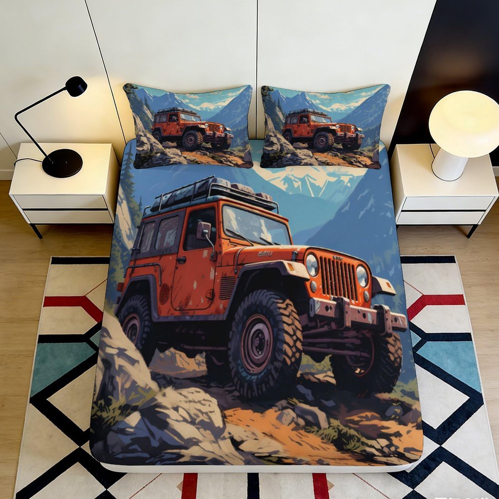 3D Printed Off-Road Car Fitted Sheet Microfiber Deep Pocket Non-Slip Bedroom Bedding Off-Road Car Mattress Fitted Cover for Adults 140x200x25cm