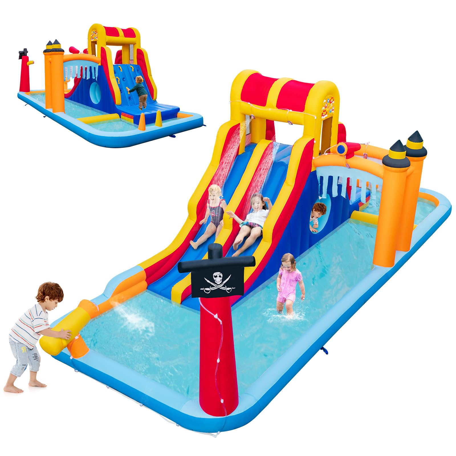 GOPLUS 6 en 1 castillo hinchable, 2 toboganes, pared de escalada, cañón de agua, vadeo, cuevas, estacas, bolsa de transporte, carga 90 kg para 3 niños de 3 a 10 años