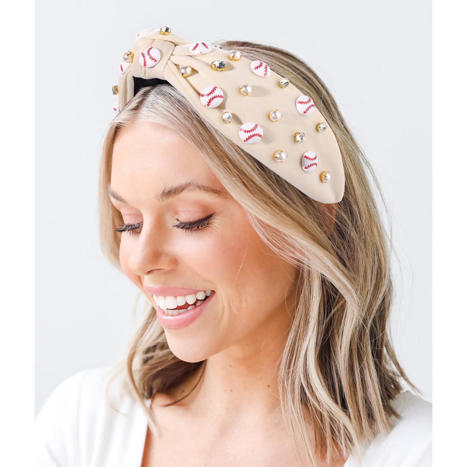 Baseball Headband for Women Crystal Pearl Knotted Headband Baseball Charms Rhinestone Beaded Embellished Headbands Wide Top Knot Game Day Headbands Accessories Sports Fan Gifts (Beige) - Image 2